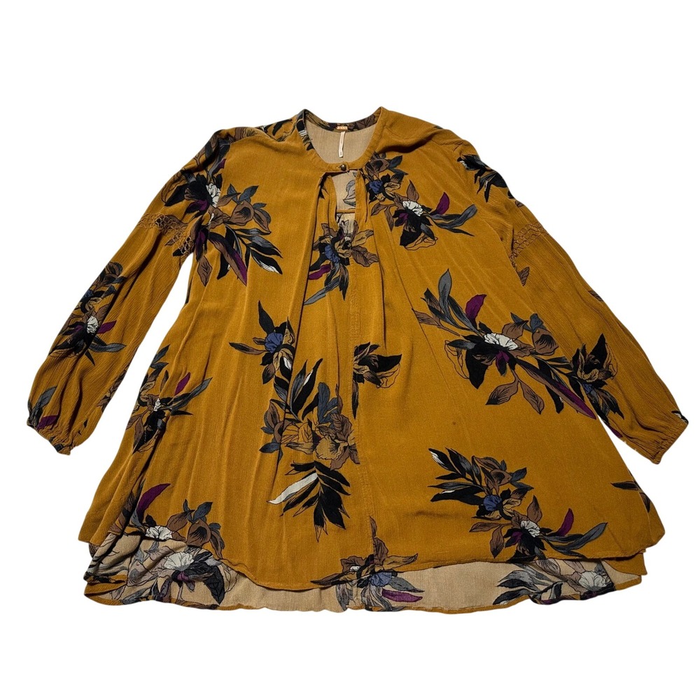 Free People Floral Print Tunic Mini Dress Long Sleeve Mustard XS